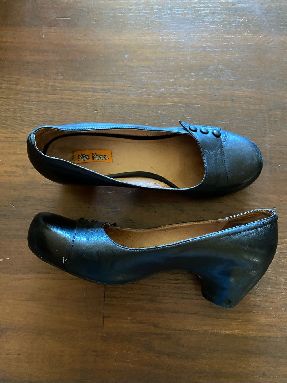 Miz Mooz Black Leather Low Block Heel Pumps